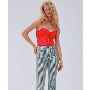 NWT ZARA Bodysuit Lace Up Satin Effect Red & White Stars Sleeveless High Cut S